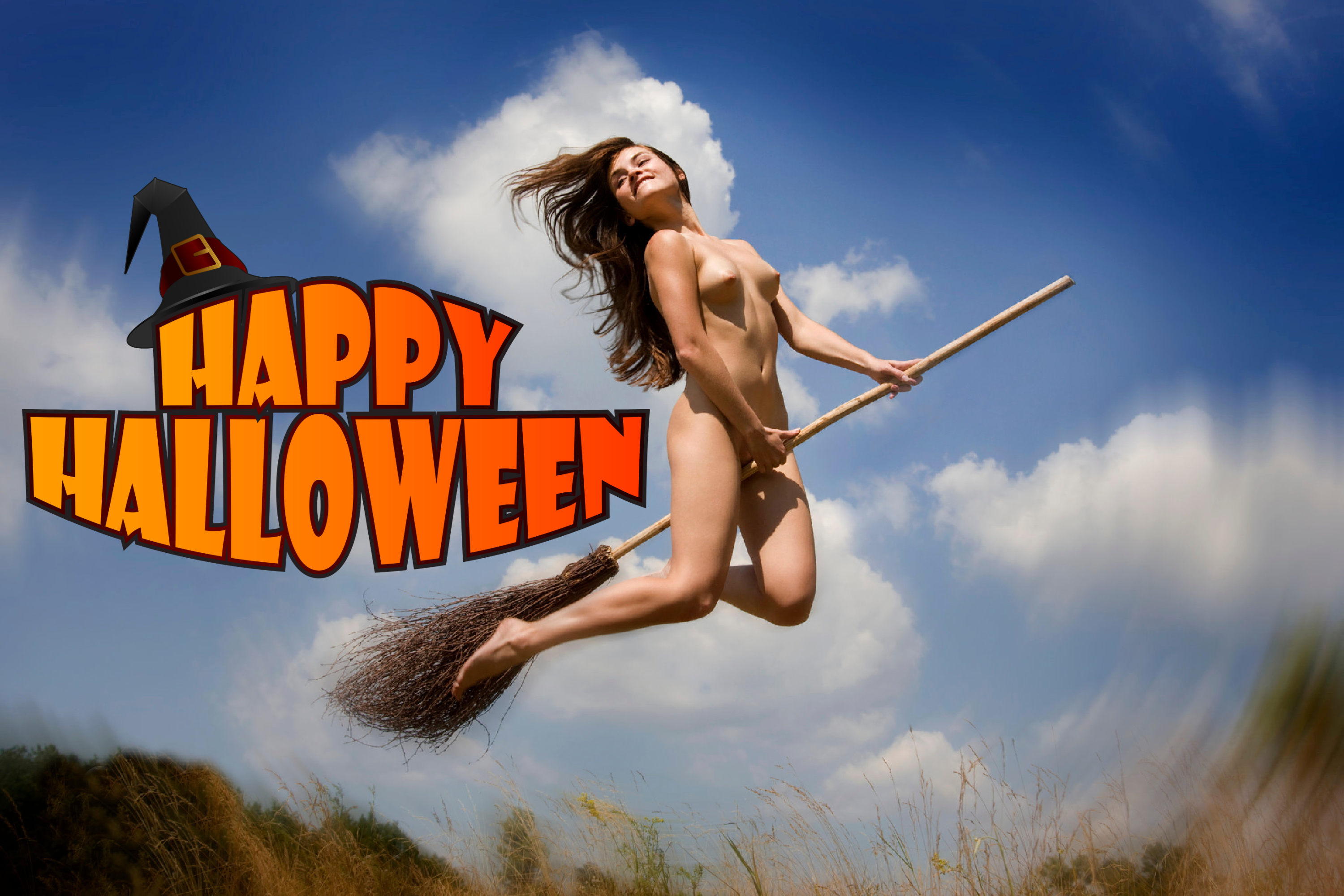 Wallpaper Halloween Witch Broom Naked Boobs Tits Nipples Smile