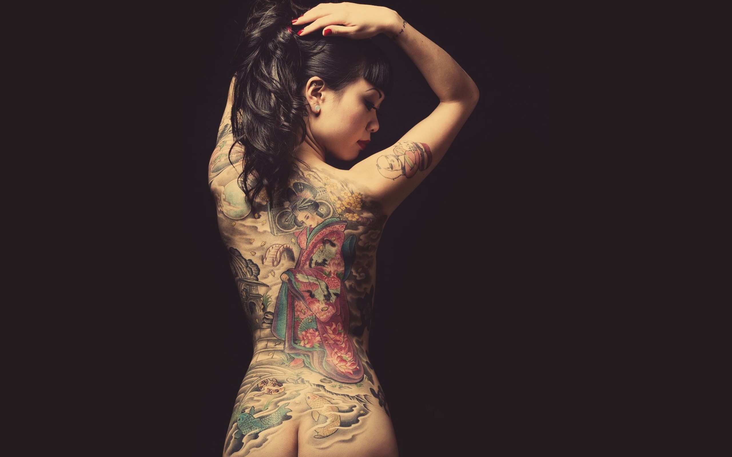 Wallpaper Asian Tattoos Earring Women Back View Nude Sexy Simple Background Desktop