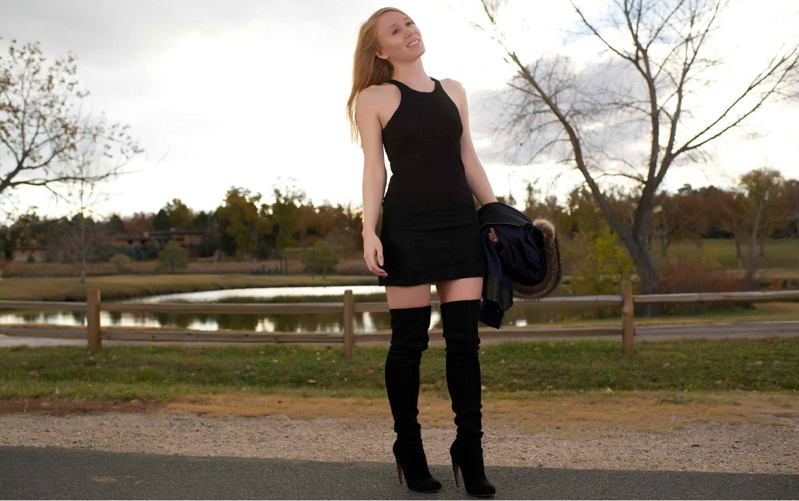 sexy babe, redhead, amateur, posing, outdoor, sexy dressed, leather, high boots, black, minidress, lake, water, landscape, heaven, clouds