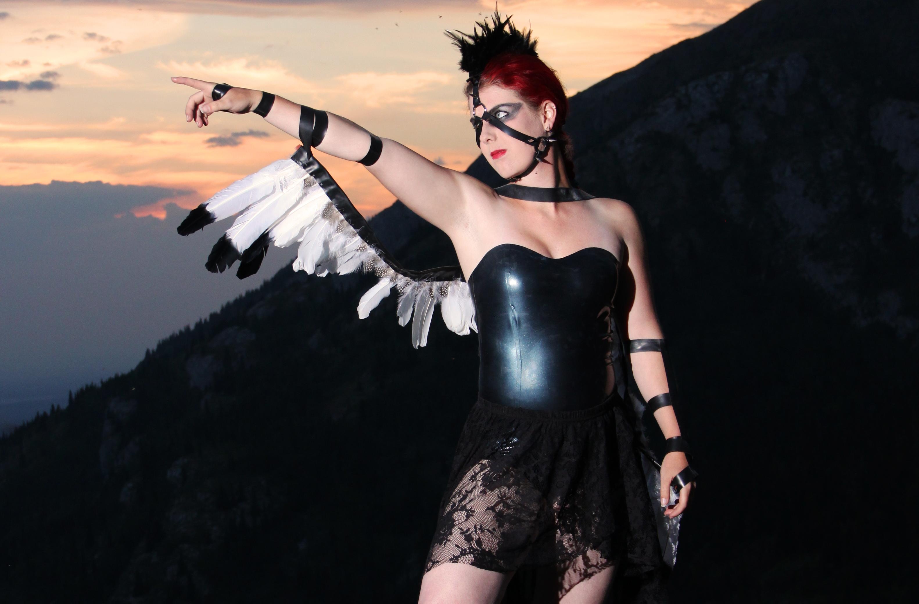 redhead, model, slim, sexy babe, short hair, outdoor, phantasie, fancy dressed, latex, corset, c-tru, miniskirt, feathers, make up art, erotic, lexie rain, fantasy, fetish babe