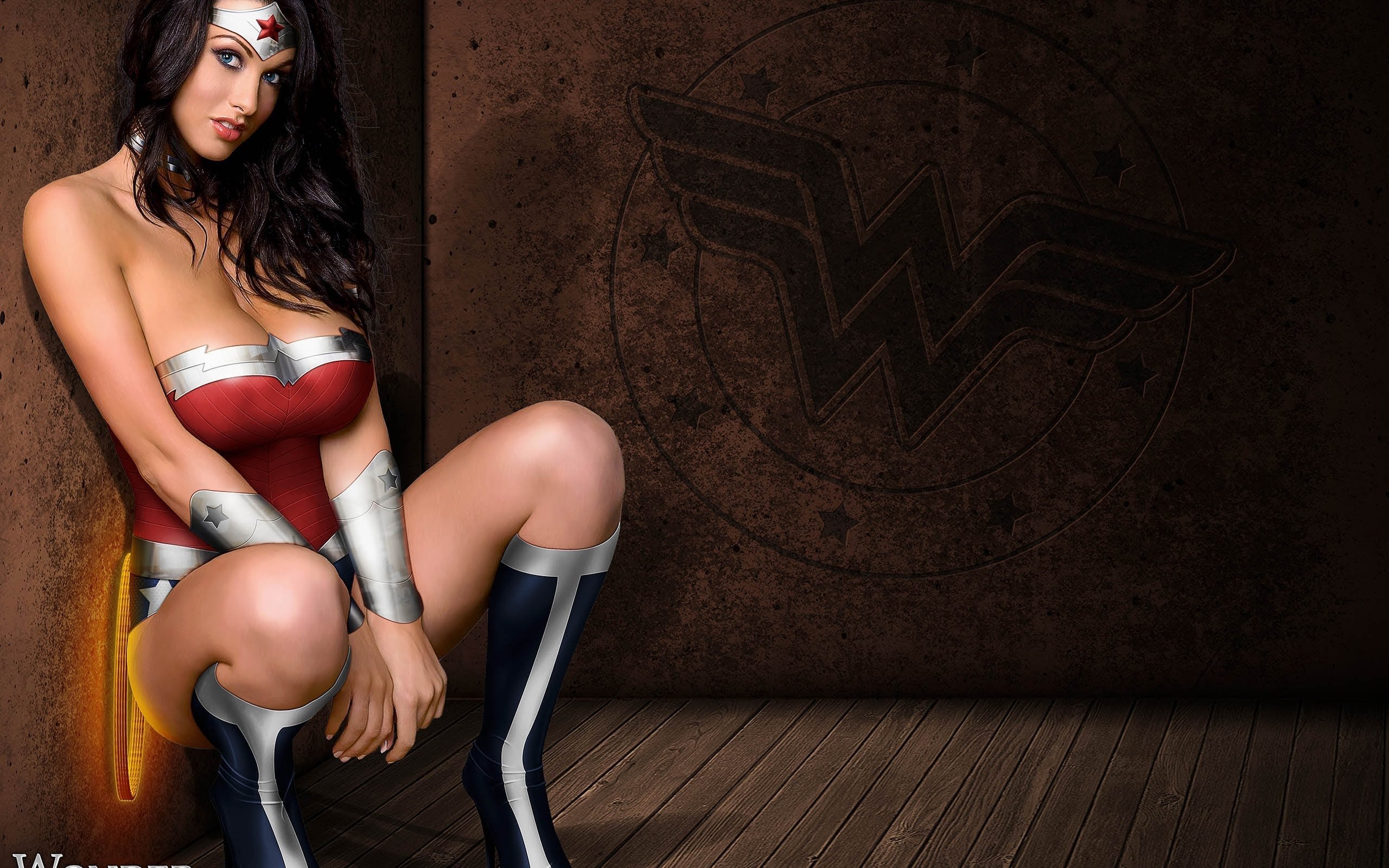 wonder woman, boots, hero, girl, face, hair, eyes, legs, beauty, alice goodwin, brunette, long hair, busty, sexy babe, posing, kneeling, shiny, tight clothes, hot, decollete, knee boots
