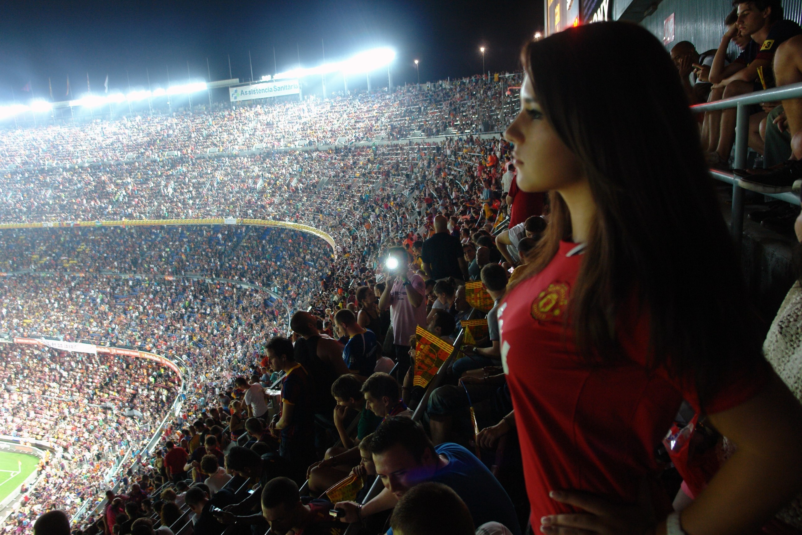 girl, brunette, stadium, cute, long hair, sport, stands, old trafford, manchester united stadium