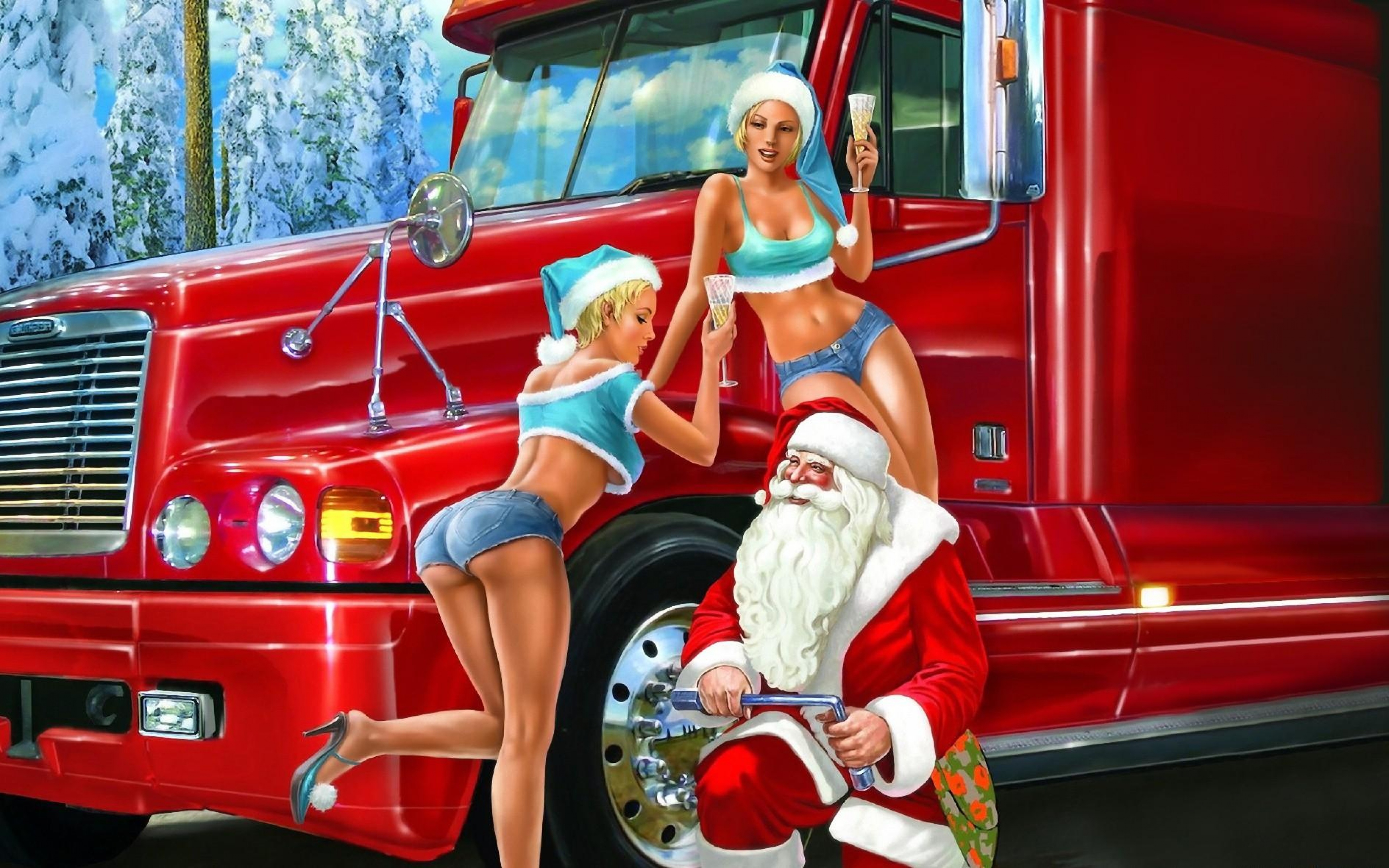 Дед жопастую. Прикольные новогодние картинки. Дед Мороз и Снегурочка на машине. Дед Мороз и две Снегурочки. Дед Мороз на грузовике.