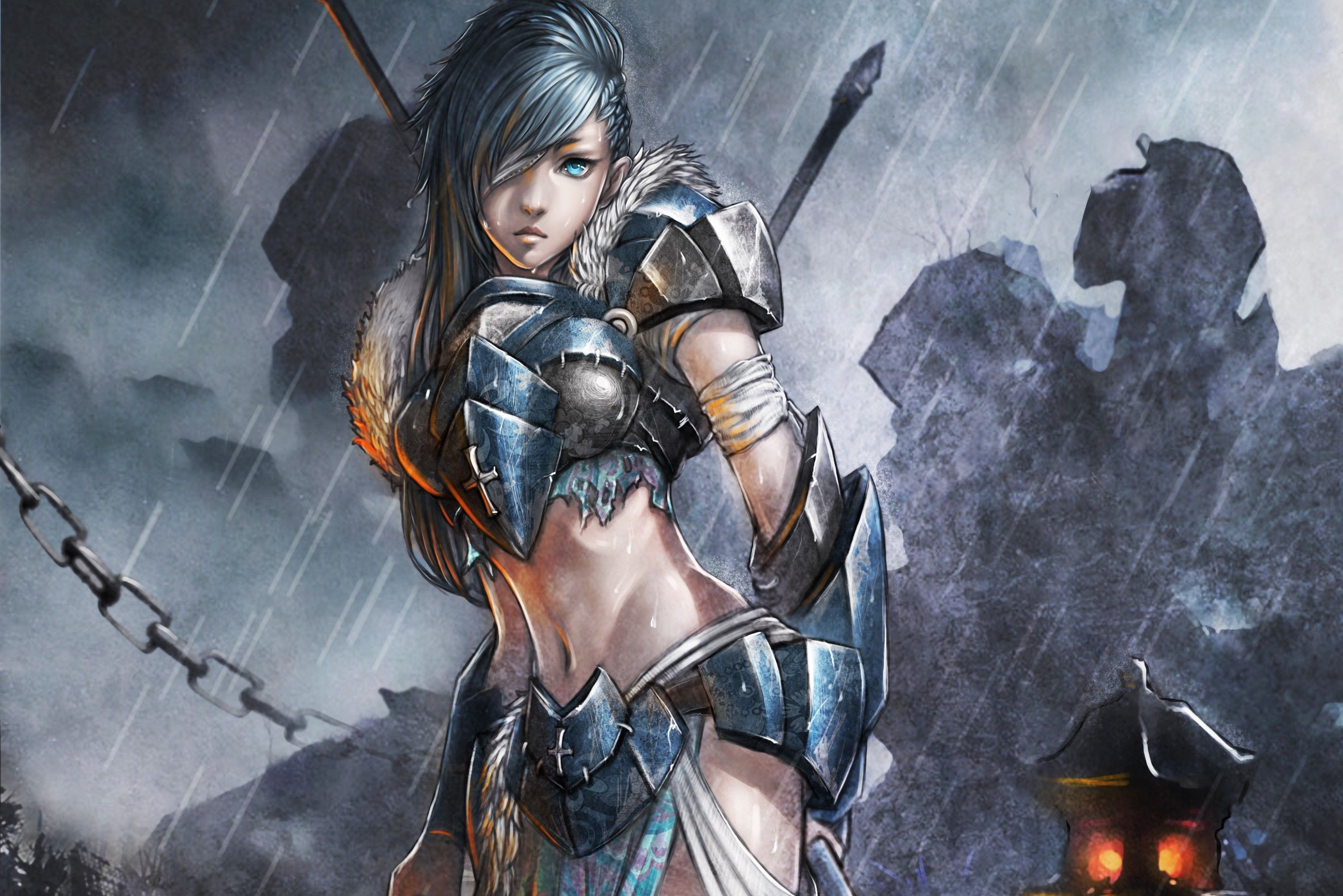 art, warrior, women, armour, rain, fantasy