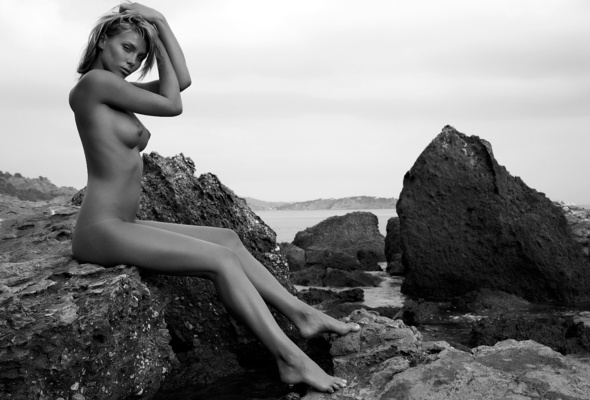 nude, sea, shore, beach, rock, nipples, puffy nipples, delicious, outdoor, boobs, tits, black and white