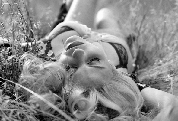 lingerie, blonde, grass, black & white, black and white, outdoor, lying