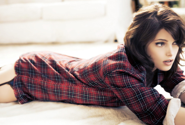 brunette, lingerie, sexy, lying, shirt, cute