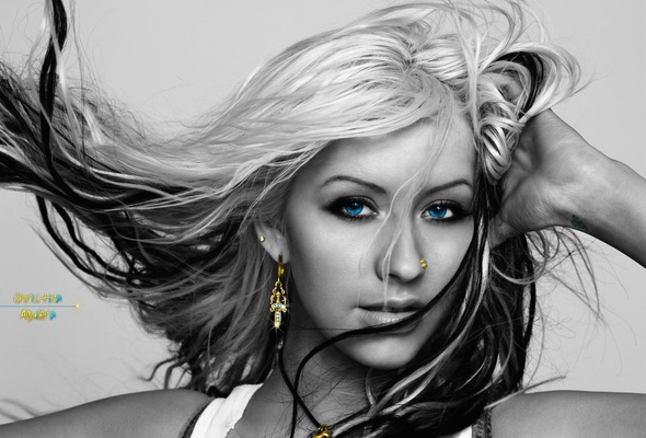 christina aguilera, singer, blonde, black & white, contrast, black and white