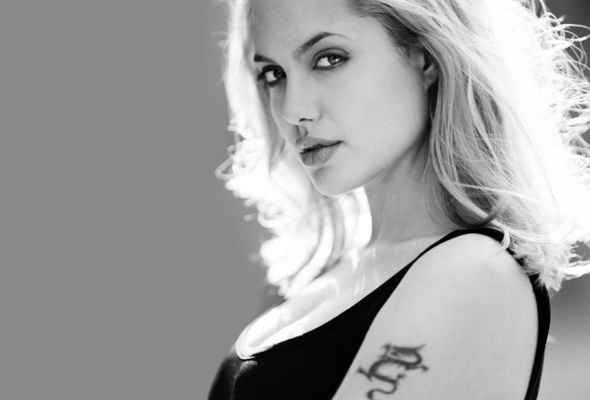 angelina jolie, actress, tattoo, black and white, blonde, sexy