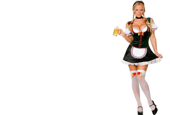 blonde, beer, titts, minimalist wall, dirndl, white, stockings, heels, bavarian garb, smile, pigtails, oktoberfest, folklore
