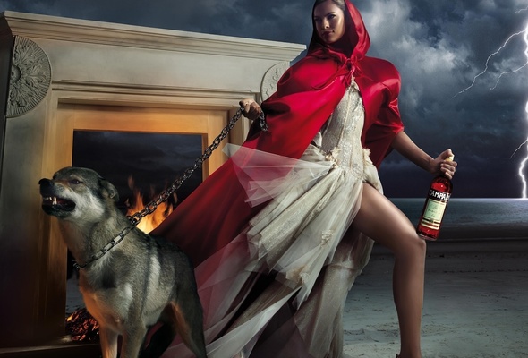 wolf, dress, red, campari, little red riding hood