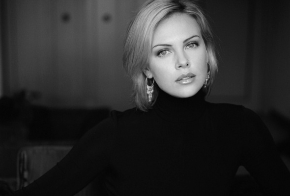 сharlize theron, blonde, actress, black and white, sexy, long hair