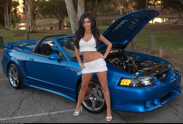 brunette, car, skirt, ford, ford mustang gt