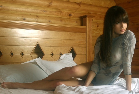 asian, brunette, wood bed, bed