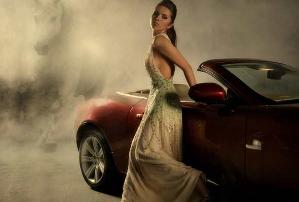 brunette, dress, car