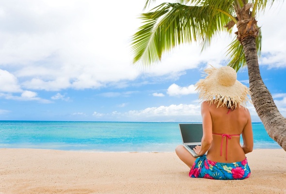hat, bikini, laptop, beach, sea, palm, tropics