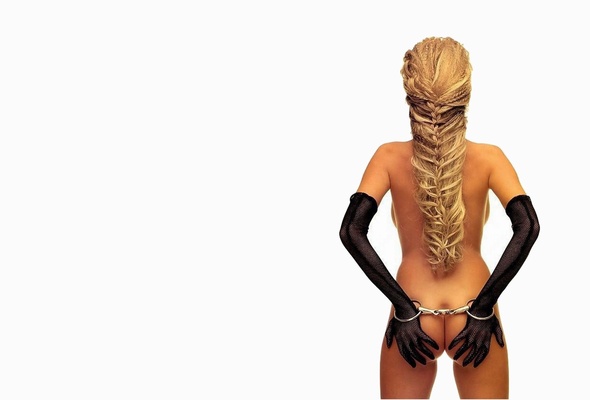 erotic, sexy, nude, ass, long hair, butt, handcuffs, black, fishnet, gloves, erotic art, tied, submissive, fetish, blonde, long hair, minimalist wall, nice rack, ass, hairstyle