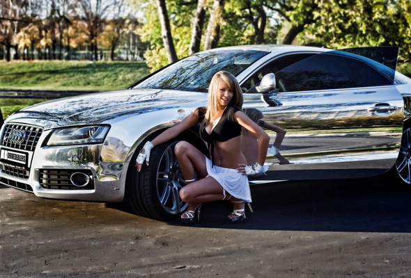 blonde, sexy, outdoor, car, miniskirt, sexy, smile, hot, boobs, audi