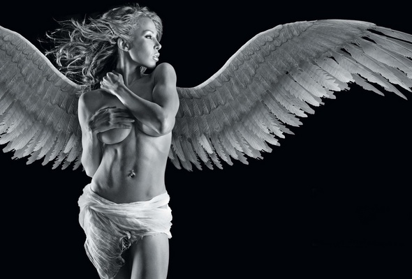 the_nude_stone_angel, hot, sexy, blond, angel, black & white