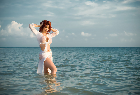 bianca beauchamp, redhead, boobs, wet, busty babe, sea, bombooclaaat, canadian, model, sexy babe, fetishqueen, heaven, clouds, erotic art, wet clothes, pin up style