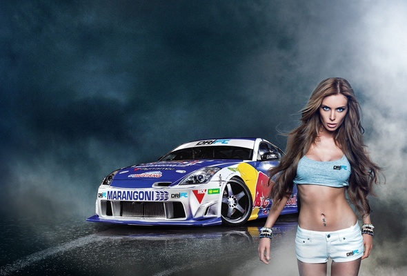 babe, model, tuner, blue eyes, mini skirt, nissan 350z, drift car, racing