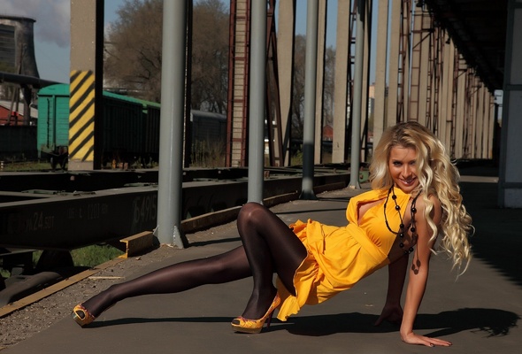 smile, pantyhose, dress, legs, hips, thighs, heels, railroad, beads, long hair, curly hair