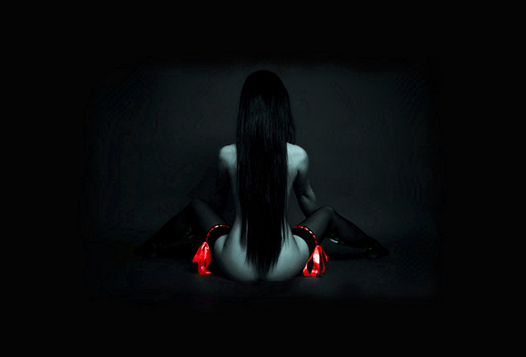 brunette, stockings, colour splash, nude, longhair