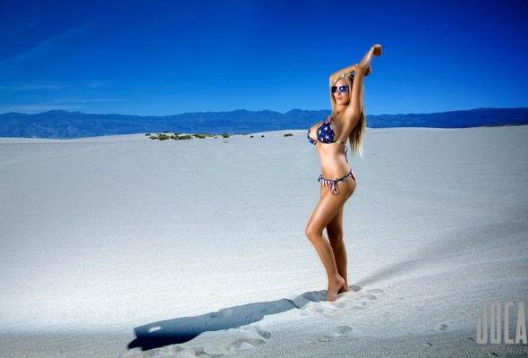 jordan carver, blue sky, bikini, sunglasses, outdoors, stars and stripes, flag