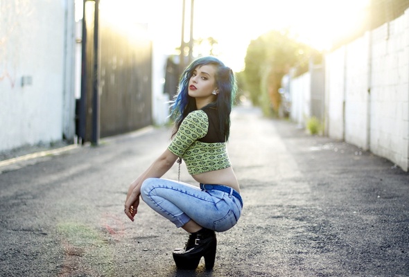 brunette, sexy girl, jeans, long hair, view, look, dani artaud, alternative, gothic, model, young, sexy babe, posing, kneeling, sexy, dressed, casual wear, high heels, different, erotic, dani, squatting, non nude