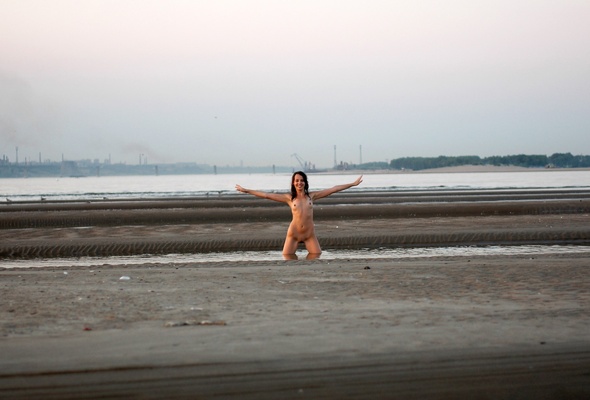 nude, brunette, tits, smile, beach