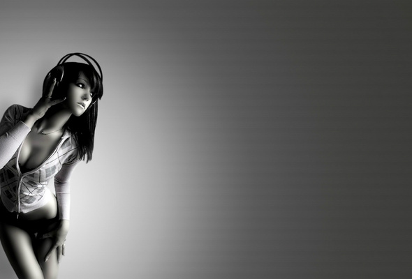 girl, music, music girl, black and white, headphones