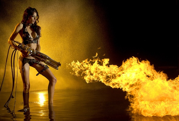 brunette, non nude, bikini, water, flame thrower, action girls, leeanna, fire