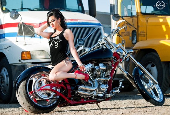 babydoll, sexy babe, costum bike, high hells, bike, brunette, long hair, posing, sexy, dressed, bike, nice legs, pale skin, erotic, red, stiletto, high heels, pin up style, babe, red lips