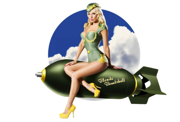 blonde, sexy babe, pin up, bombshell, retro, green, uniform, high heels, pout, minimalist wall, pin up style, yellow, heels, bomb, lingerie series