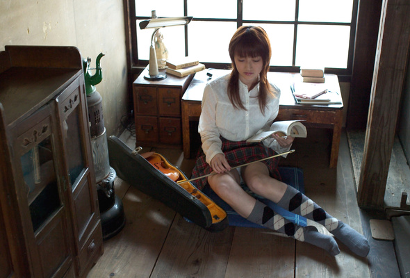 yuki, student, instrument, book, violin, skirt, asian, schoolgirl, music, knee socks