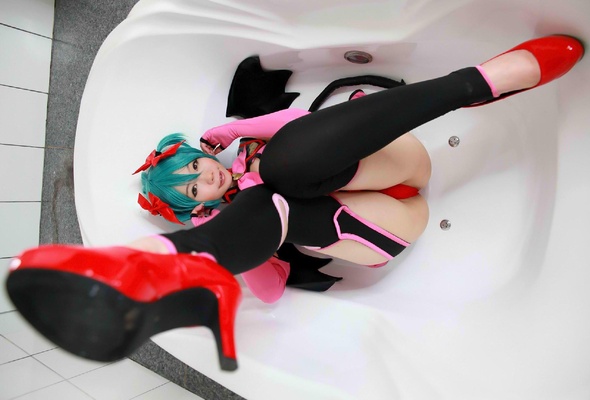 asian, sexy babe, cuty, bathroom, coss, panty, blue, cosplay, smile, hatsune miku, wings, legs, heels, stocking wig