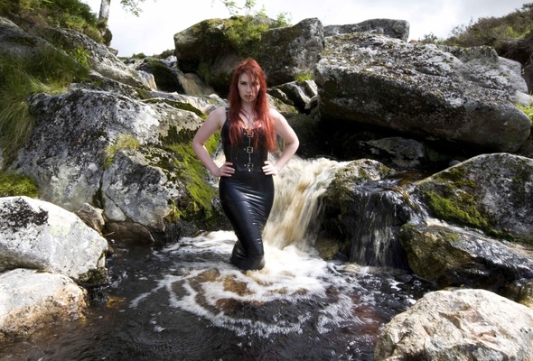 model, redhead, sexy babe, outdoor, water, nature, latex, dress, wet, posing, roswell ivory, wet hair, shiny clothes, fetish babe