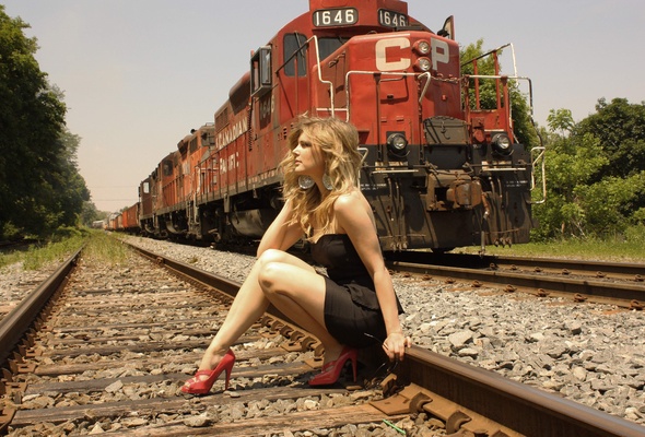 blonde, outdoors, trains, high heels, railroad, train, railline, legs, jessika burns, long hair, red, heels, black, dress, sitting, railroad tracks