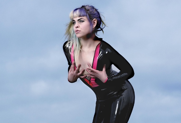 chelsea deville, brunette, model, blonde, purple, wisps, piercing, posing, sexy babe, black, pink, latex, catsuit, rubber, shiny, fetish, erotic art, kev kool foto, fetish babe