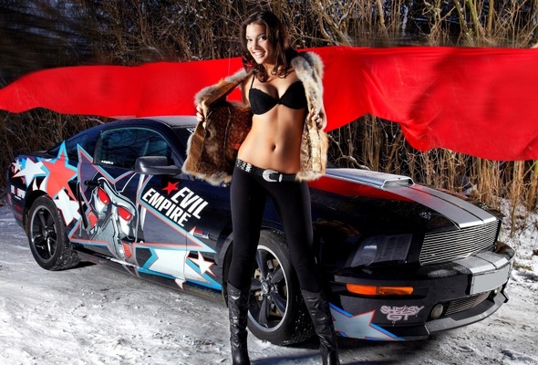 car, babe, brunette, leggings, black, bra, fur, boots, smile, babes and cars, ford mustang, sexy, decollete, erotic, tight clothes, lycra, knee boots