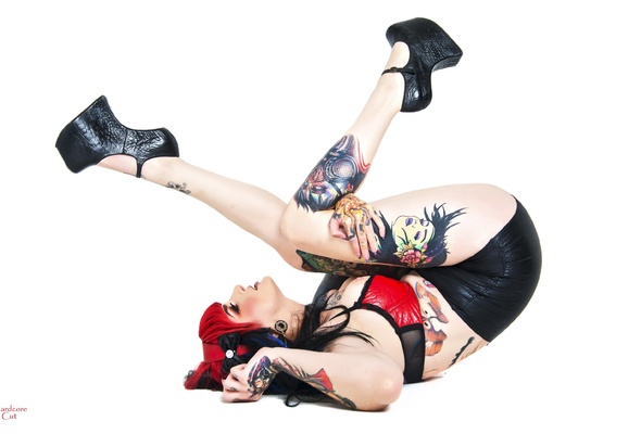 tattoo, model, body art, sexy babe, red, wisps, black, shiny, miniskirt, pvc, bra, heels, kinky, tattoos, legs, minimalist wall, pin up style, lingerie series, tight clothes, erotic