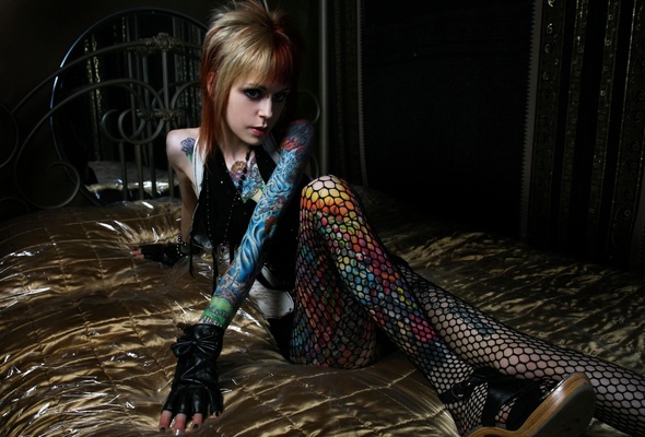 young, tattoo, model, sitting, bed, fishnet, pantyhose, heels, tattos, piercing, body art, leather, gloves, fetish babe, melissa alabama graves, melissa graves, miss graves