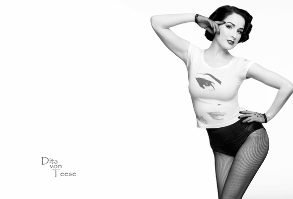 dita von teese, model, sexy babe, actress, glamour, international burlesque star, dita, playmate, dancer, black and white, black hair, top, panty, fishnet, pantyhose, pin up style, pin up, gloves, sexy, minimalist wall, retro, real celebs wall