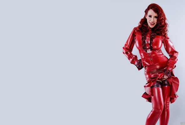 bianca beauchamp, canadian, model, redhead, sexy babe, fetishqueen, red, latex, business, clothing, lingerie, stockings, rubber, fetish, smile, bianca, minimalist wall, fetish babe, shiny clothes