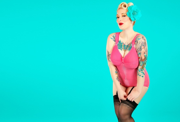katty delux, katty de lux, blonde, model, sexy babe, pink, lingerie, tattoo, updo hairstyle, smile, tattoos, body art, black, stockings, pin up, minimalist wall, pin up style, hi-q, own cut