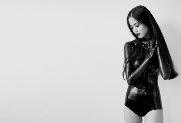 vita kan, asian, brunette, model, long hair, sexy babe, liquid latex, body, black, posing, sexy, erotic, closed eyes, cameltoe, shiny, latex, fetish, black and white, lingerie series, fetish babe, tight clothes, minimalist wall, own cut