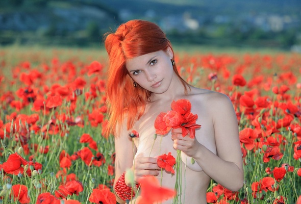 model, violla a, red head, brwon eyes, built, summer time, flower field, beautiful, violla i love you, some like it red, strategic covering