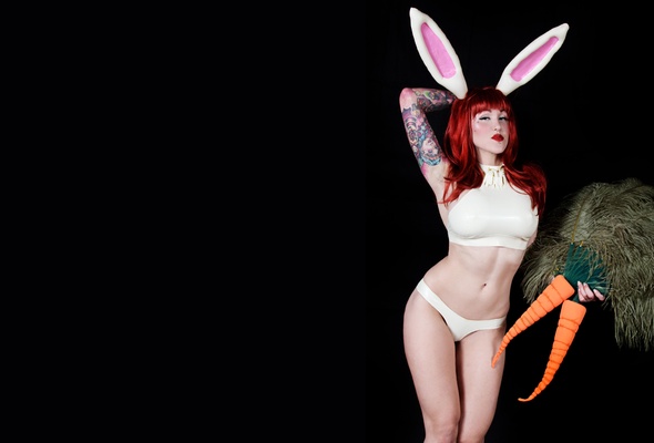 sexy, redhead, model, latex, bunny, ears, white, bikini, tattoo, carrots, smile, sexy babe, pin up style, hi-q, lingerie series, hey bunny !, fetish babe