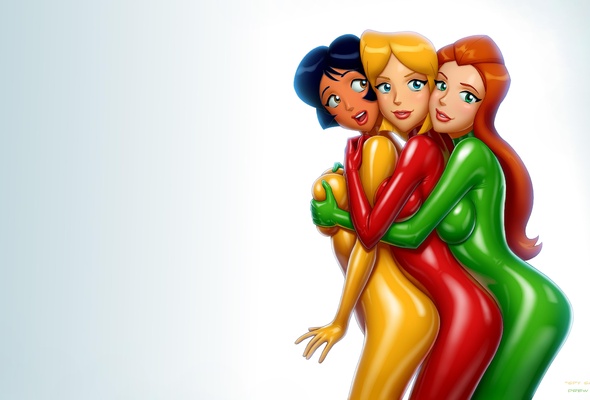 3 babes, blonde, brunette, readhead, 3d, artwork, sexy babe, three, virtual, fetish, babes, green, red, yellow, latex, posing, sandwich, drew gardner, totally spies, hi-q, fetish babe, 3d latex