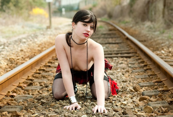 lola, young, brunette, sexy babe, kneeling, doggy, railroad track, outdoor, miniskirt, corset, lingerie, stockings, pvc, boots, piercing, tiny tits, railline, lola c, lola fetish railroad, fetish babe